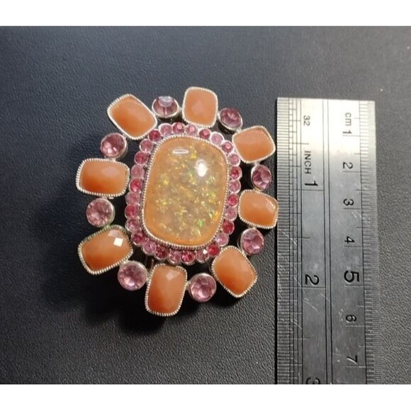 VTG Cabochon Brooch Pin Cut Glass Salmon Pink Rhinestones Statement Silver Tone - Picture 5 of 5